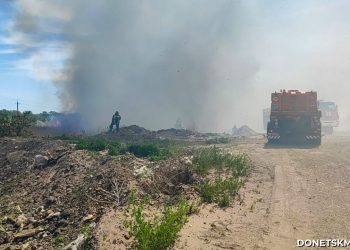 Пожар в промзоне Луганска не удаётся потушить из-за шквального ветра