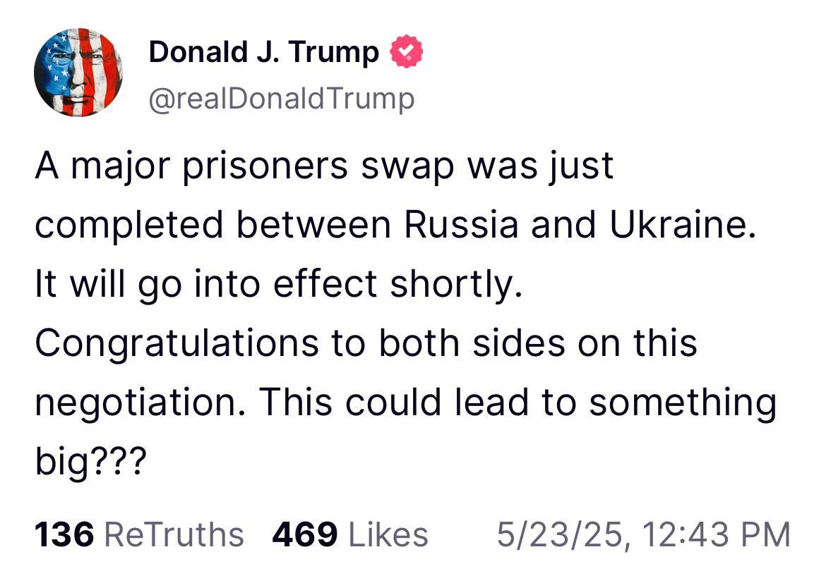 Трамп: Между Россией и Украиной состоялся большой обмен пленными