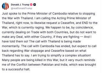 Трамп снова миротворец: США угрожают санкциями Таиланду и Камбодже из-за конфликта
